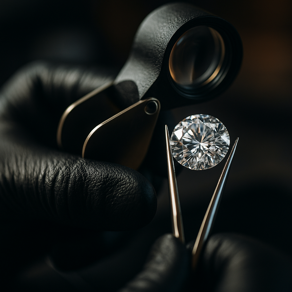 業者が宝石を鑑定している画像